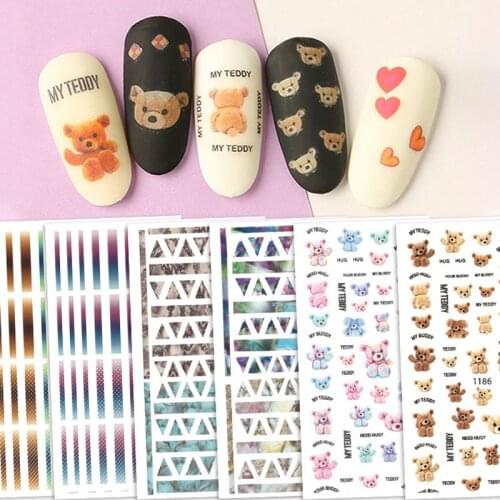 1 sheet Colorful Lines Lovely Bear 3D Nail Stickers Back Glue DIY Decals Wraps Decorations For Nail Art Tips