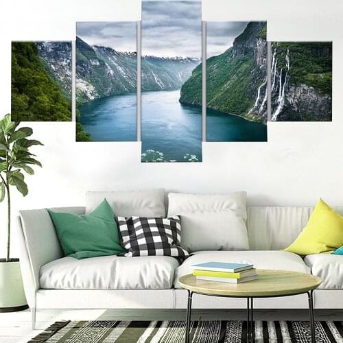 5 Piece Wall Art Canvas Painting Green Mountain and River Natural Landscape Poster Home Living Room Decoration Framework