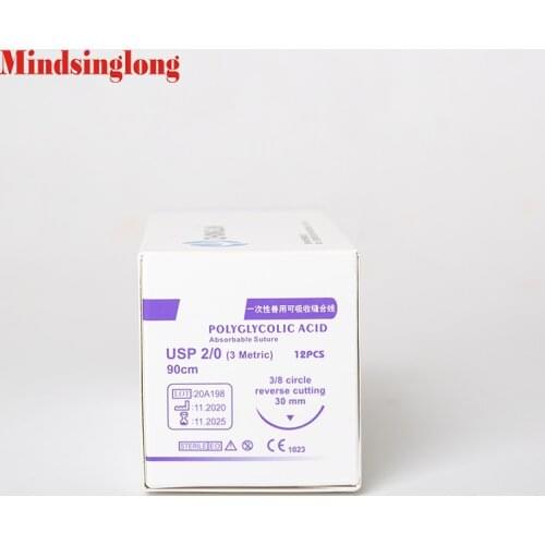 Absorbable Veterinary Suture PGA 2/0 3 Metric Polyglycolic Acid with Needles 3/8 Circle Reverse Cutting 30mm 90CM