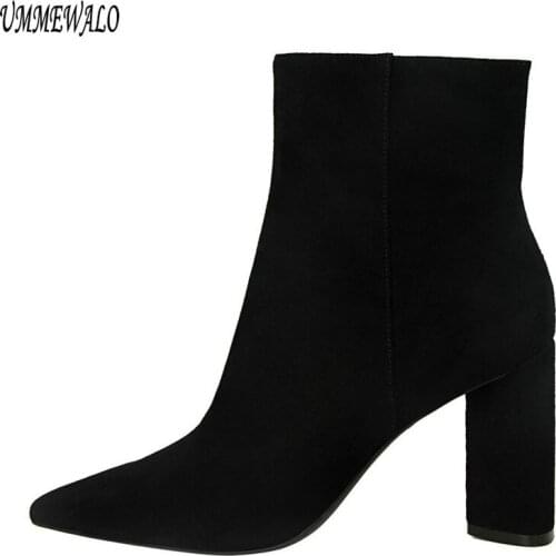 UMMEWALO Boots Women Ankle Length Flock Boots Fashion Zipper Design Pointed Toe High Heel Shoes Winter Ankle Boots Ladies Shoes