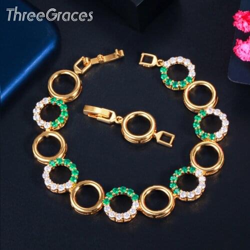 ThreeGraces Fashion Green Cubic Zirconia Dubai Gold Color Round Shape Wedding Party Bracelet for Ladies Costume Jewelry BR160