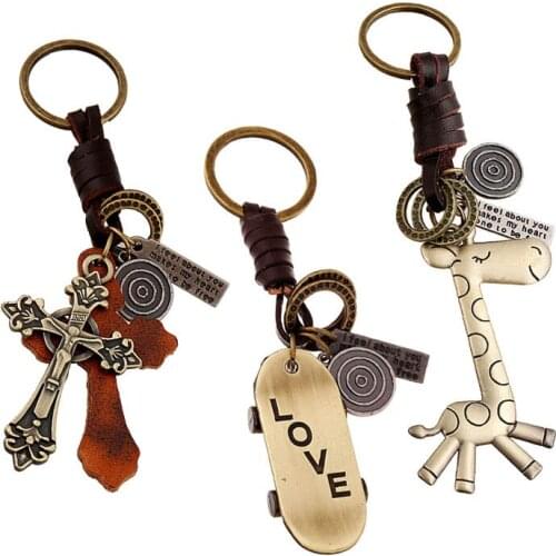 Hand Woven Cowhide Keychain Fashion Punk Style Multi Purpose Metal Key Ring Giraffe/Skate Board/Cross Keychains