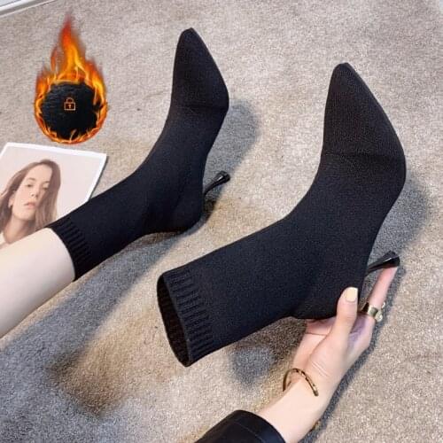 Black 7cm Knitting Elastic Women Socks Boots Shoes Thin High Heel Pointed Toe Ankle Boots for Women High Heels Sexy