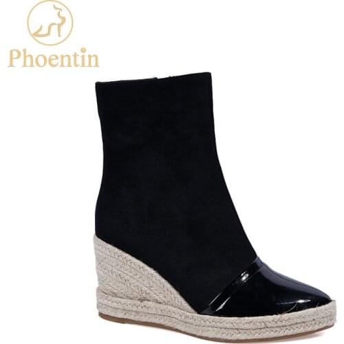 Phoentin black womens wedge boots suede zipper closure 2019 casual platform shoes high heels patchwork booties brown FT791