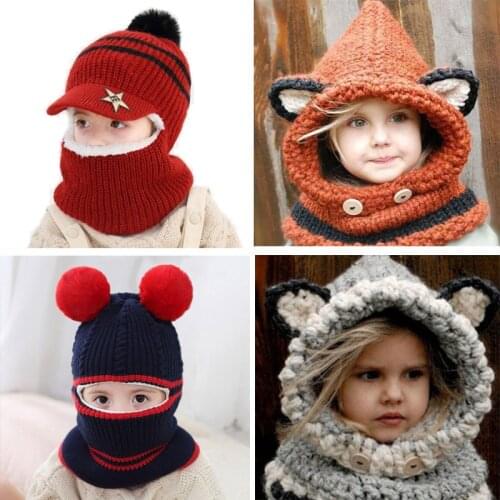 Kids Winter Crochet Knitted Hat Wrap Cartoon Animal Earflap Hood Scarf Skull Cap