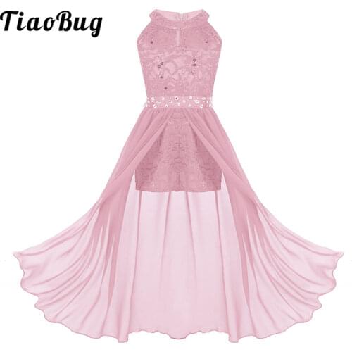 Kids Girls Lyrical Ballet Dance Dress Sleeveless Sequins Leotard Maxi Split Dress Dancewear