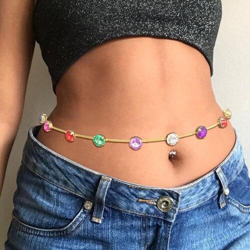 Rainbow Color Geometric Rhinestone Waist Chain for Women Beach Bikini Hollow Out Belly Waist Chain Body Jewelry Accessories