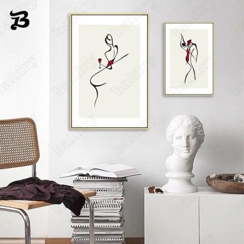 Canvas Painting Abstract Art Line Drawing Wall Pictures Red Umbrella Dancing Girl Minimalist Wall Art Canvas Posters Artwork