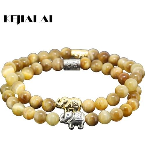 KEJIALAI High Quality Natural 6mm Yellow Tiger Eye Stone Beads Women Bracelet Beaded Elephant Animals Charm Girl Bracelet A0738