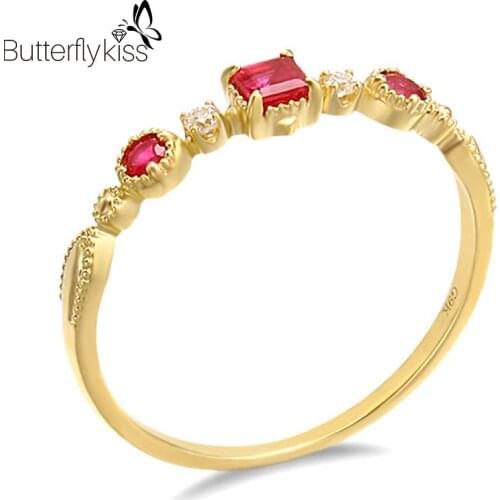 BK Genuine Gold 585 Rings For Women 9K Yellow Gold Sparkling Red Ruby Gemstone Moissanite Diamond Wedding Anniversary Jewelry
