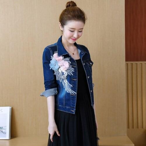Embroidered stretch jacket short spring and autumn womens wild slim denim embroidered jacket