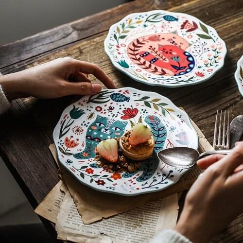 Creative Hand-Painted 8-inch Dinner Plates Household Ceramic Tableware Cartoon Dessert Tray Fruit Snack Plate Western Plates