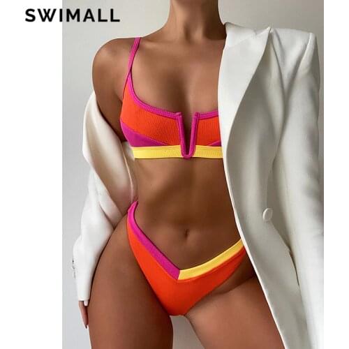Splicing Bikini 2021 New V-neck Swimsuit Female Push Up Swimwear Ribbed Bikini Set Beach Bathing Suit Summer Bather Biquini