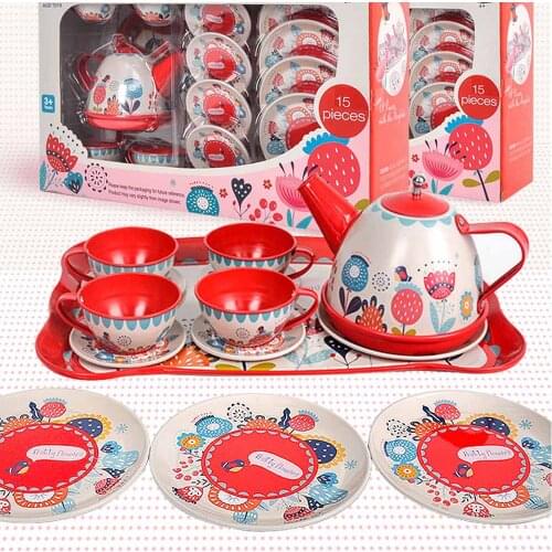 14PCS/Set Metal Simulated Teapot Teacup British Style Afternoon Tea Tinplate Toys Pretend Play Toys For Kid Christmas gift