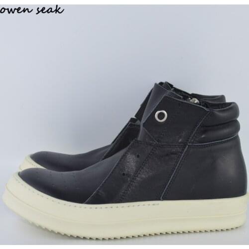 Owen Seak Men Shoes High-TOP Ankle Boots Luxury Trainers Genuine Leather Casual Brand Zip Flats Black White Big Size Sneaker