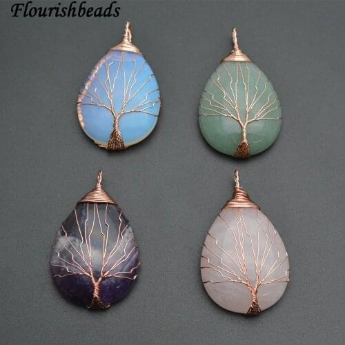 Natural Stone Flat Drop Pear Shape Energy Wire Wrapped Life Tree Pendants