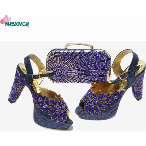 Pretty New Design Nigerian Women Shoes and Bag Set in Dark Blue Color Decorate with Rhinestone for Wedding Party