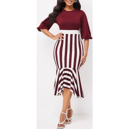 OTEN Women Burgundy Ruffles Stripe Printed Bodycon Dress Autumn OL Lantern Sleeve Mermaid Club Celebrity Evening Party Dresses