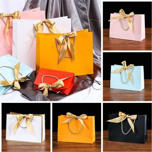 Gift Bag With With Ribbon Shopping Clothing Store Craft Paper Box Shipping Package Clothing Shopping Paper Bag For Business Use