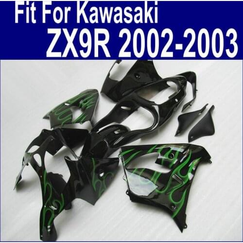 Pop!!! Zx9r fairings 2002 2003 02 03 Fairing kit For Kawasaki Ninja ( Black green flames ) EMS Free xl31