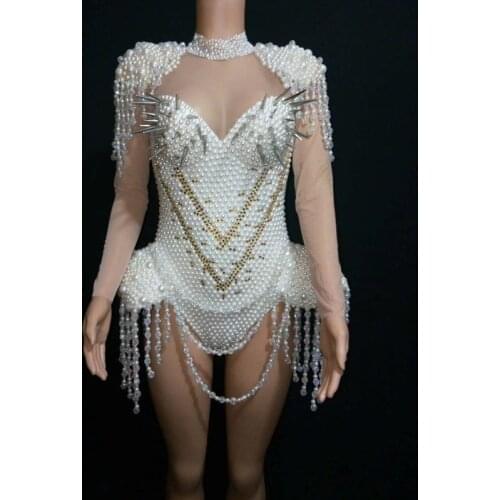 Luxury Female Sexy Full Rivet Pearls Tassels Skinny Bodysuits Fashion Womens Rhinestone Nightclub Party Performance Costumes