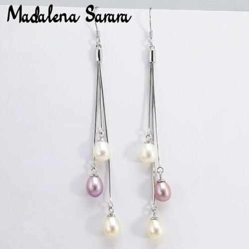 MADALENA SARARA Promotion 6-7mm Rice Shape Freshwater Pearl Earrings CZ Diamond Drop Pearl S925 Tassel Earrings