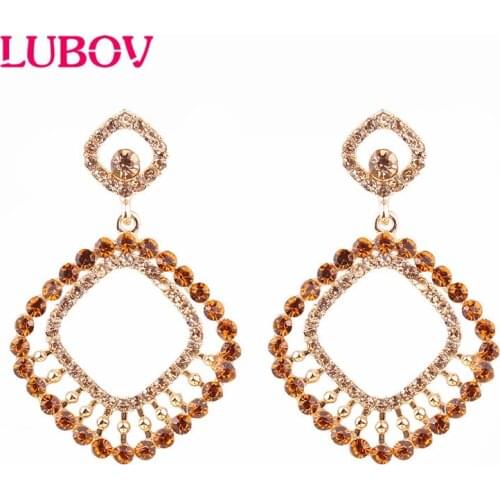 LUBOV Shining Crystal Rhinestone 3 Square Hoops Pendant Dangle Earrings Geometric Round Circle Drop Earrings Women Jewelry Gift