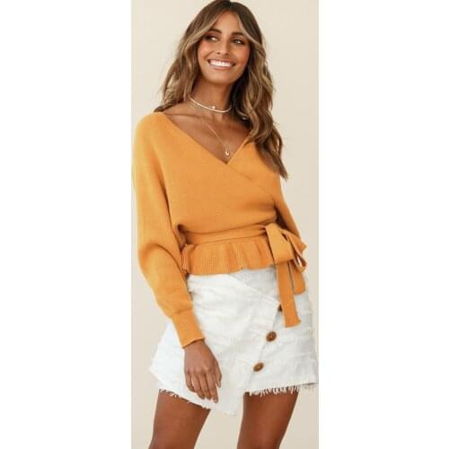 All-Match Casual Women Warm Loose Long Sleeve Sweaters Knitted Solid Color Deep V-Neck Ruffled Pullover For Spring Autumn