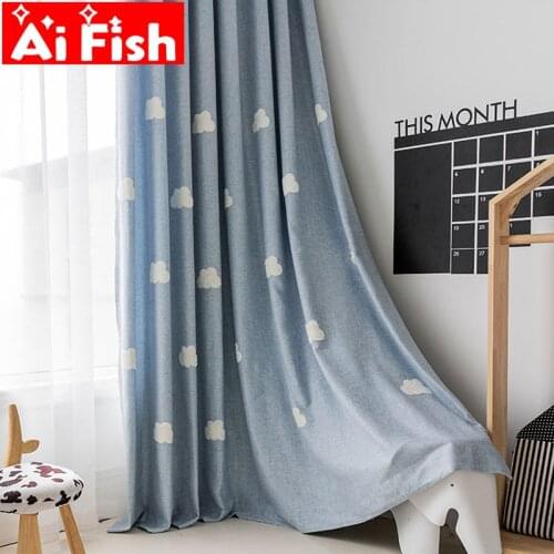 Embroidered Cloud Blue Curtain Fabric Window Screening for Childrens Living Room Cartoon Boys and Girls Bedroom Bay Window #3