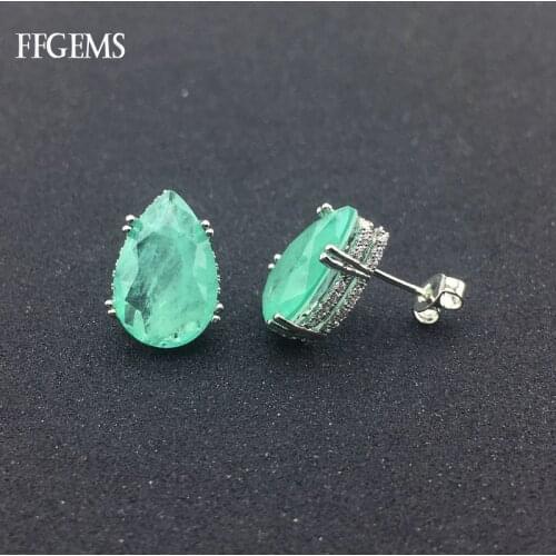 FFGems Created Emerald Earring Synthetic Gemstone Pear10*15mm Fine Jewelry For Women Lady Engagement Wedding Party Gift With Box