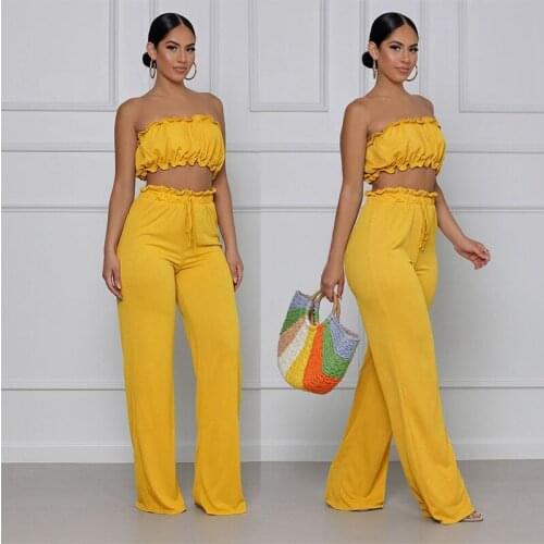 Flower Lace Yellow 2pcs Women Tracksuits Off The Shoulder Strapless Crop Top And Long Casual Drawstring Trousers Streetwear