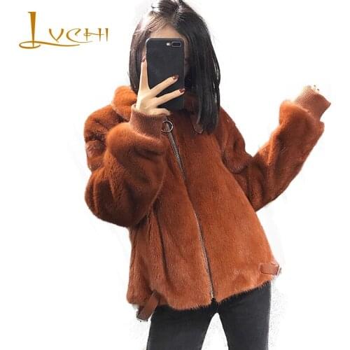 LVCHI Winter 2019 Import Mink Fur Coat Womens Adjustable Mandarin Collar Pockets Long Sleeve Zippers Loss Slim Mink Fur Coats