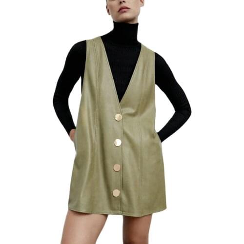 2020 Fashion Autumn Winter Women Midi Mini Faux Leather Tank Dresses Office Ladies A-Line V-Neck Pleated Club Party PU Dress