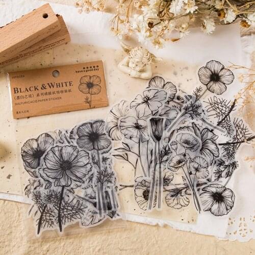 Yoofun 20pcs/pack Black & White Vintage Flowers Mushroom Leaf Stickers Scrapbooking Journal Planner/Card Collage Label