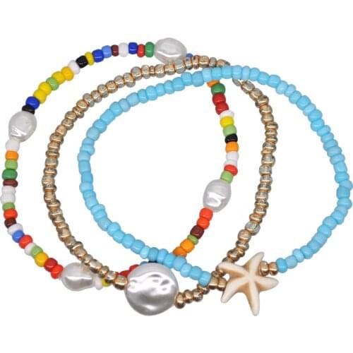 New Handmade Ethnic Beach Style Colorful Beads Bracelet Three-Piece Set Pearl Starfish Bracelet Anklet