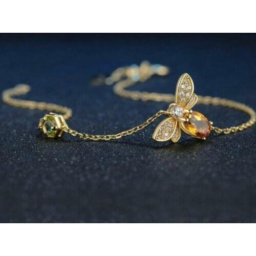 925 Silver Natural Yellow Crystal Bee Bracelet Citrine Chain Fashion Charm Amulet Gifts for Women Men