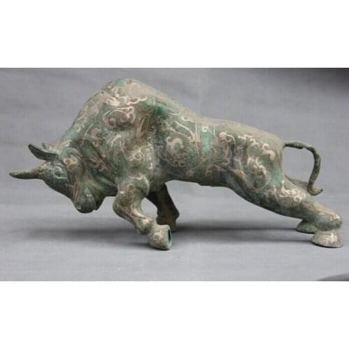 Fast shipping USPS to USA S2856 China Folk Collect Bronze silver-gilt Feng Shui Wealth Anger OX Bull Art Statue