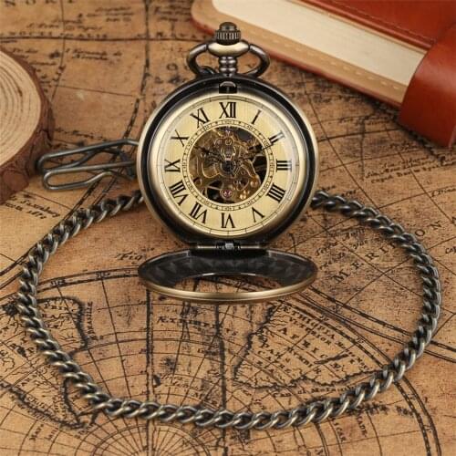 Antique Mechanical Pocket Watch Bronze Pendant Men Retro Watch Roman Numerals Skeleton Dial Hand Winding Manual Pocket Clock