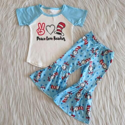 RTS children outfits cartoon baby girls peace love kids boutique clothing 2pcs short sleeve tee bell bottom pants clothes sets