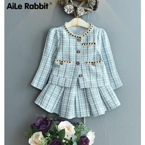 Childrens Girls' Small Fragrance Suit 2021 Autumn New Childrens Long Sleeve Plaid Top + Skirt Two-piece Set