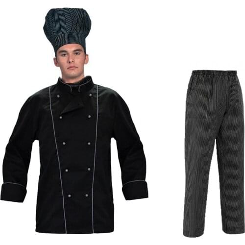 Full black evening chef jacket and pant black pinstripe elegant
