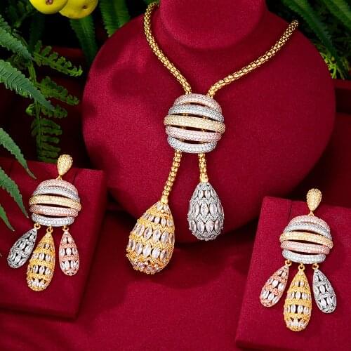 GODKI Big Fashion Luxury Tricolor Drops Statement Jewelry Set For Women Wedding Party Full Zircon Dubai Bridal jewelry Set 2020