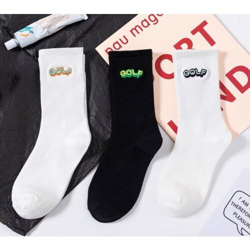 GOLF Letters Solid Color Embroidery Women Cotton Sports Socks Black White Street Simple High Tube Korean Version Men Stockings