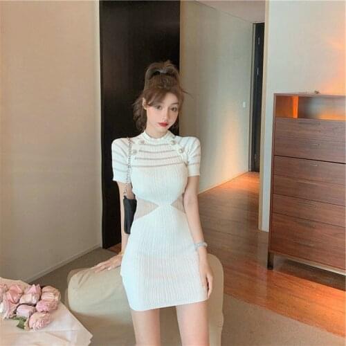 Korean Mini Dress Womens Skirt Summer 2021 New Slim Sexy Bag Hip Skirt Thin Temperament Ice Silk Knitted Party Vestido Boho