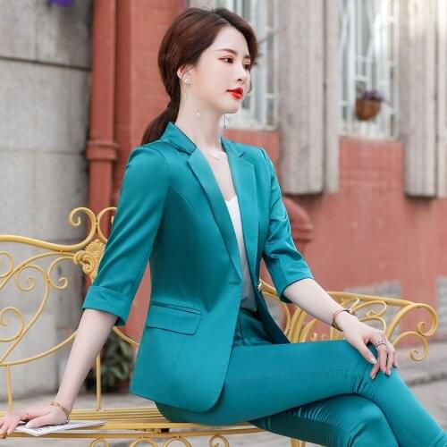 High Quality Fabric Spring Summer Formal Women Business Suits Half Sleeve OL Styles Pantsuits Professional Blazers Trousers Set