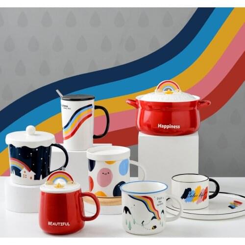 Creative Lovely Mugs Rainbow Family Couple Breakfast Milk Coffee Cups Plate Korean Personality Cup Office Mug