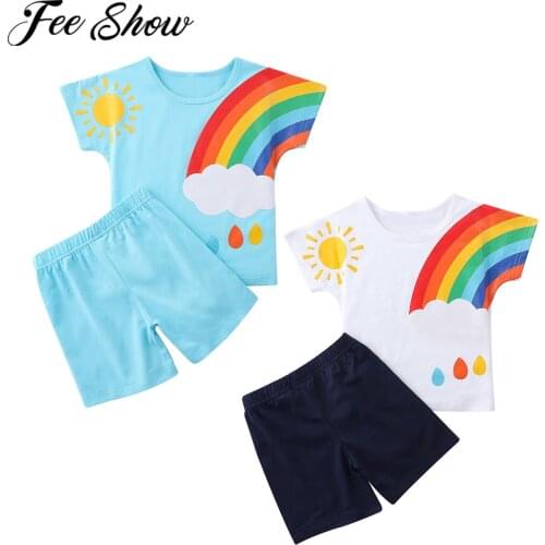 Summer Children Suits For Boys Girls Short Sleeve Sets Baby Boys Two Clothes Rainbow Print T-shirt+Shorts Sets Toddler Clothing