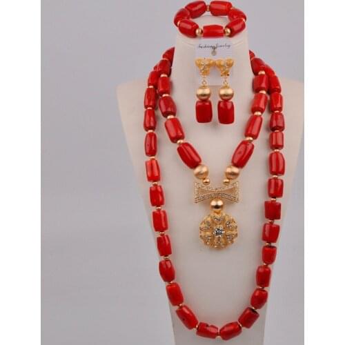 Fashion Red Coral Necklace Nigerian Wedding African Beads Jewelry Set for Women 11-C02