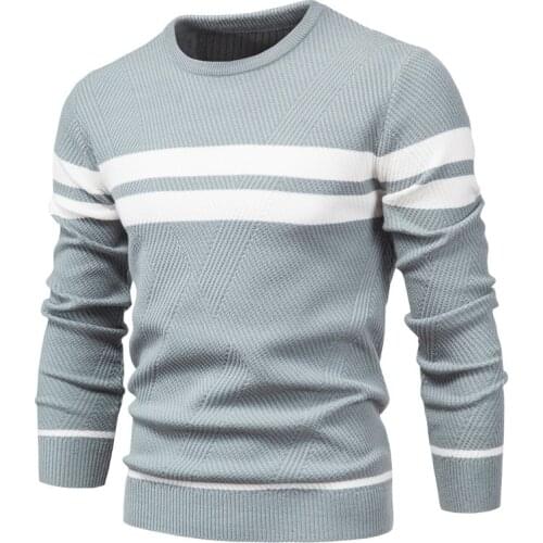 Autumn Winter Mens Casual Striped Mens Sweater Pullover Solid Color Round Neck Thickened Base Knit Sweater Ropa Para Hombre