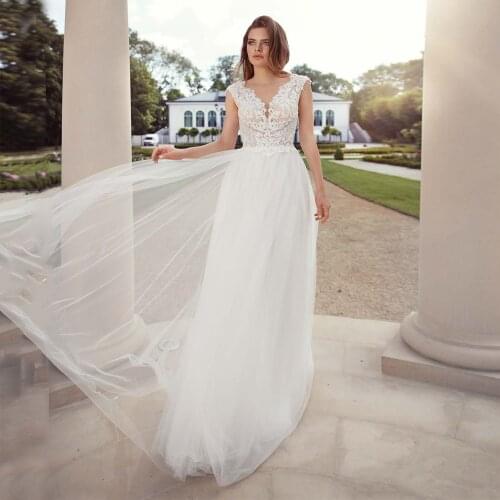 Cheap Wedding Dress 2020 New Arrical Cap Sleeve Lace Appliqued Tulle Boho Dresses Robe De Mariee Bride Gown